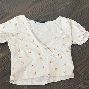 Brandy Melville White Crop Top with Pink Rose Print